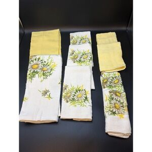 Floral Hand Towel Finger Towels/Washcloths Cotton Vtg Retro MCM 70s Green Yellow